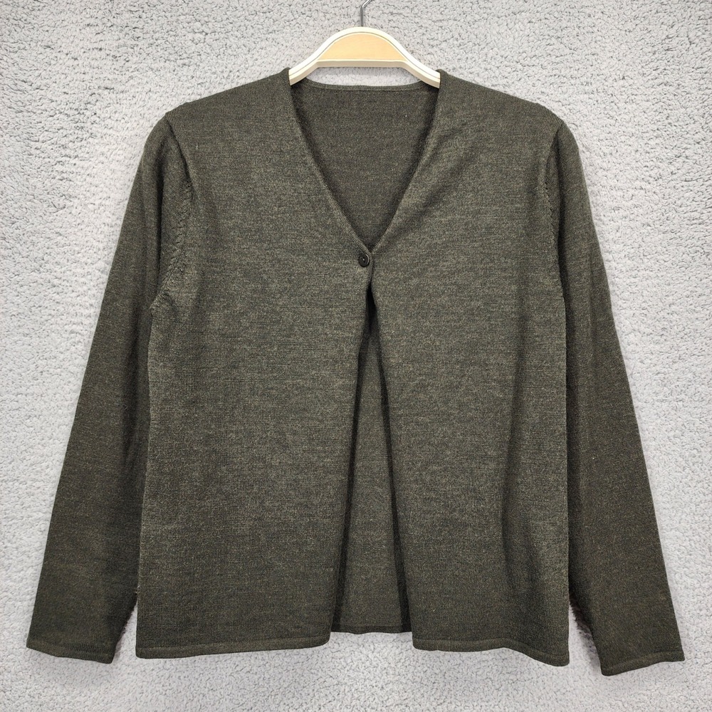 Eileen Fisher 100% Merino Wool Single Button Cardigan Sweater Olive Green